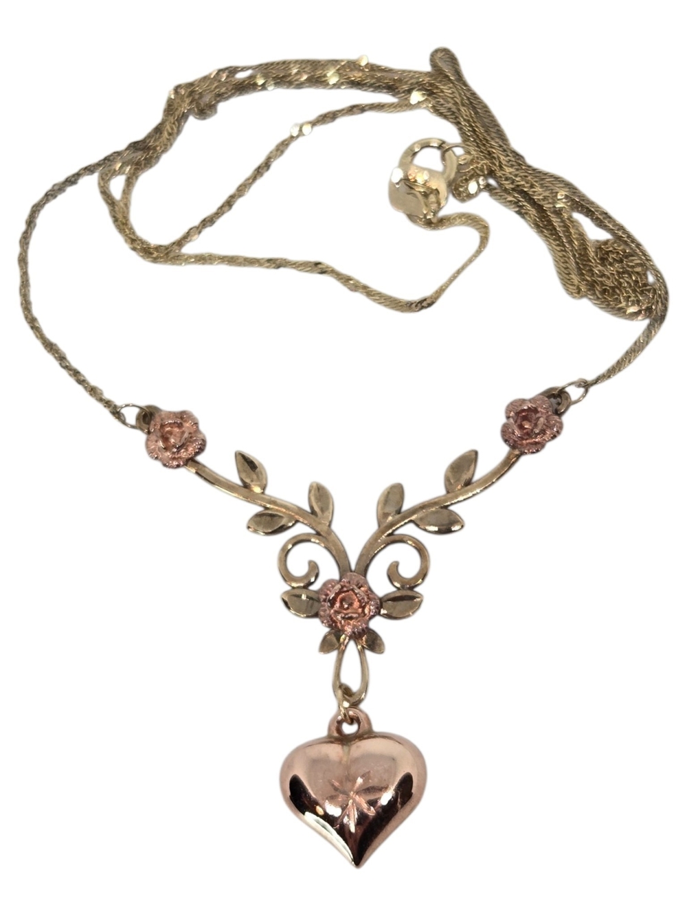Vintage Floral Heart Pendant Necklace in Solid Yelloe & Rose Gold Dainty Jewelry
